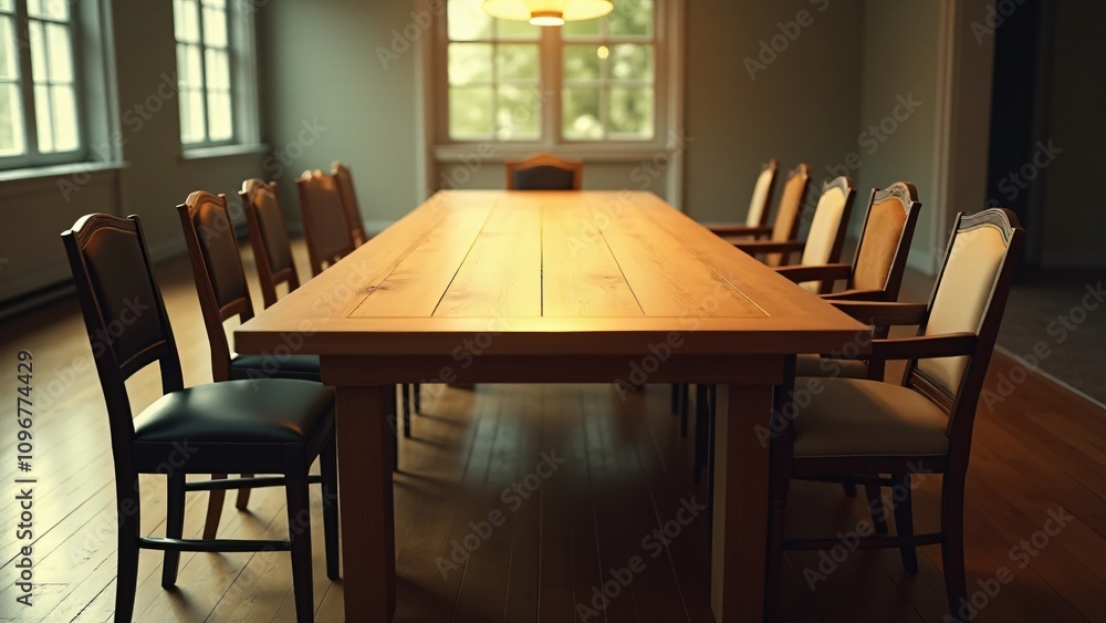 Poster a table surrounded by chairs of various designs and sizes, equally positioned, symbolizing inclusivi