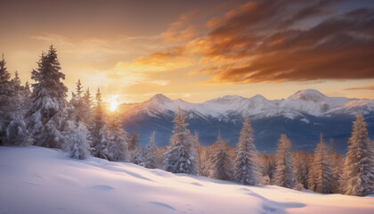 Winter Sunset Behind Snowy Mountain Peaks