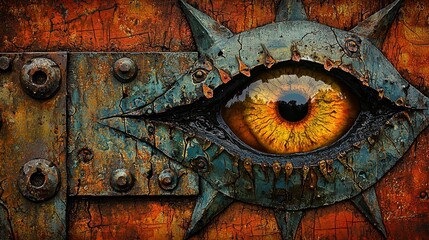 Fototapeta premium A close up of an eye on a rusty metal surface