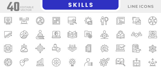 Skills line icon set. Interpersonal skills, confidence, problem-solving, communication, passion, diversity, accountability, creativity, empathy line icon set. Ui thin line icon pack.