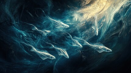 Obraz premium Fish in the ocean. A large school of fish swim in circles in the ocean 