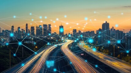 Fototapeta premium Smart Cityscape: A Networked Metropolis at Twilight