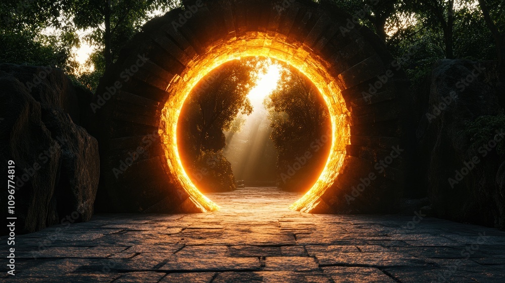 Poster A captivating circular gateway, glowing with mysterious light, leading into a new dimension with dynamic swirling patterns and a sense of wonder.