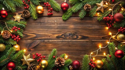 Rustic wooden background with a festive border of evergreen branches, red berries, golden stars, pine cones, and glowing Christmas lights.