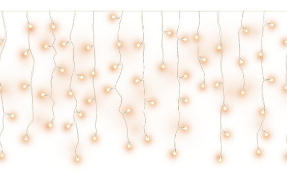 Decorative realistic christmas yellow glowing hanging light chains garland in seamless pattern on transparent background