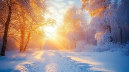 Naklejka premium Magical winter sunset in snowy forest.