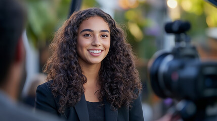 TV news team interviewing a smiling young lady with curly brunette hair 