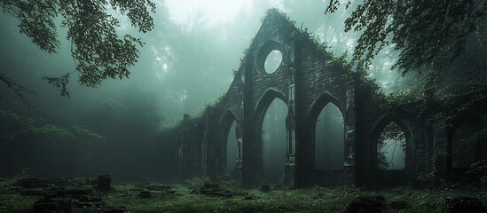 Enchanting Abandoned Gothic Monastery in Overgrown Forest Landscape