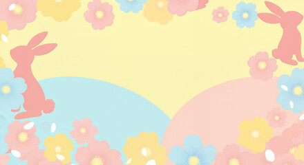 Easter Pastel Background with Spring Flowers and Bunny Silhouettes