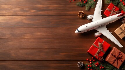 Celebrate the joy of Christmas travel with gifts, an airplane, and festive decorations on a wooden tabletop