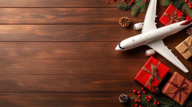 Celebrate the joy of Christmas travel with gifts, an airplane, and festive decorations on a wooden tabletop