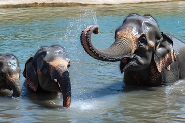 Elephants splash and play in clear water during a sunny day