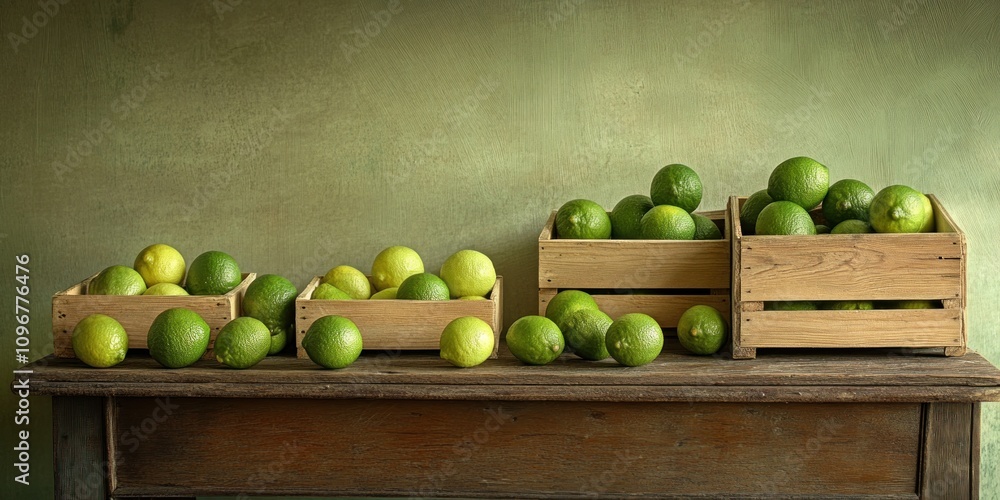 Poster a rustic display of green limes in wooden crates against a textured background.