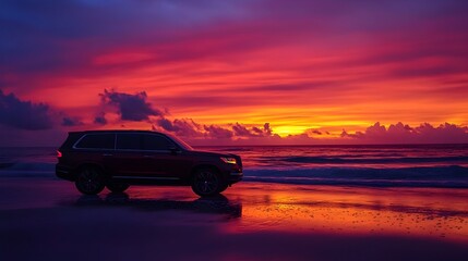 Fototapeta premium Luxury SUV Parked on Beach at Vibrant Sunset for Summer Road Trip Vacation