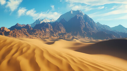 Naklejka premium Golden sands and majestic mountains: a breathtaking desert landscape. Golden Sand Dunes. Illustration
