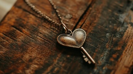 A close-up of a heart-shaped key pendant on a fine chain, placed gently on a weathered wooden surface, perfect for showcasing jewelry in a rustic setting.