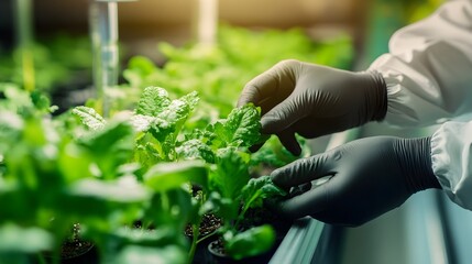Hands Examining Lab Grown Vegetables in Futuristic Tech Enabled Greenhouse for Sustainable Agriculture