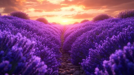 Fototapeta premium Lavender Sunset Serenity: A Tranquil Path Through Purple Fields