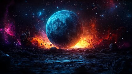 A blue planet in the middle of a space filled with stars