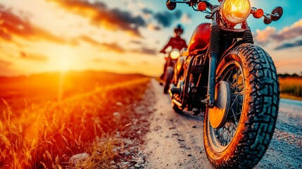 A man riding a motorcycle down a dirt road at sunset