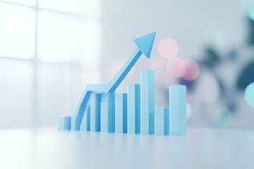 3D render of a growing graph with an arrow pointing up, a blue bar chart isolated on a white background