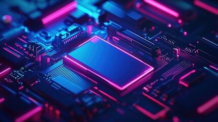Neon circuit board with glowing microchips	