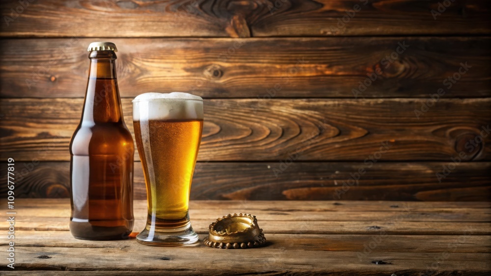 Poster a classic pint of beer on a rustic wooden table with a bottle and a bottle opener