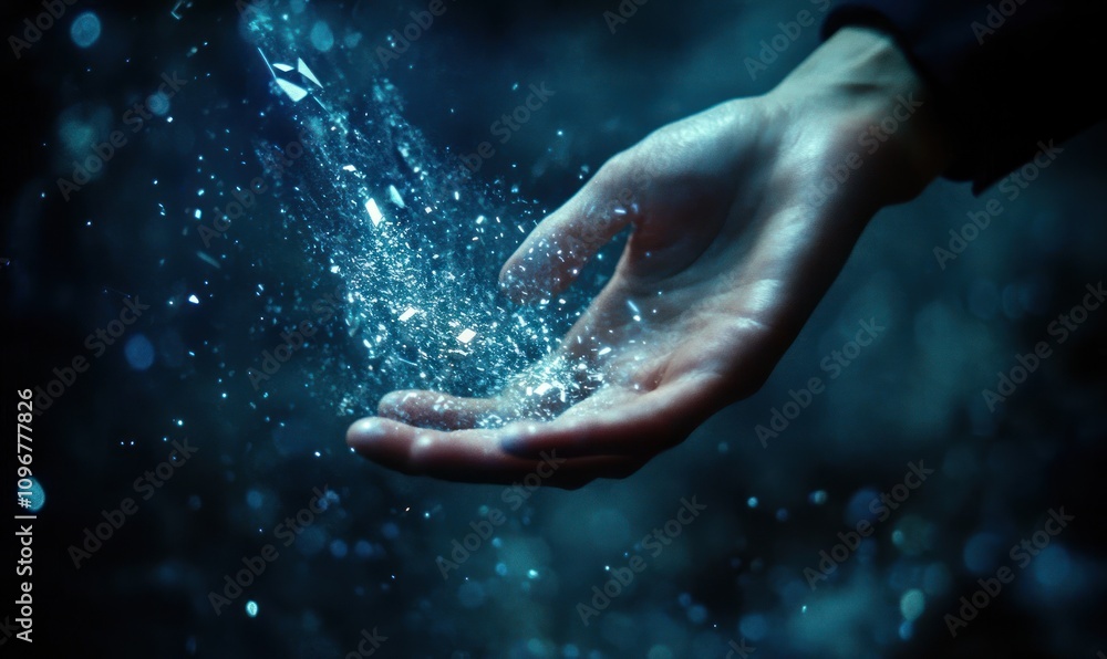 Poster a hand releasing sparkling particles in a dark, ethereal environment.