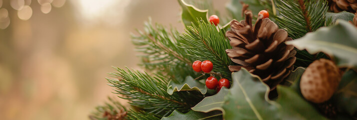 A vibrant holiday wreath features evergreen branches, pinecones, and bright red berries, capturing the essence of festive decoration and winter celebration spirit.