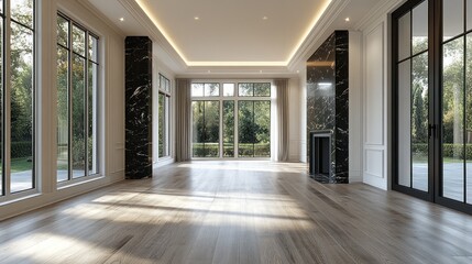 Luxurious Modern House Interior Design with Floor-to-Ceiling Windows and Marble Fireplace