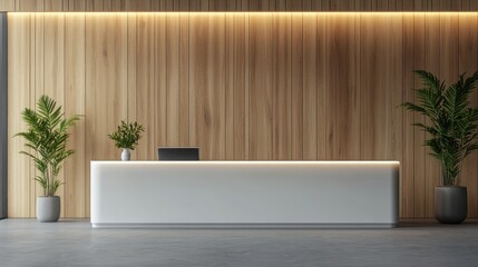 Modern Minimalist Reception Desk Design with Wooden Wall and Plants