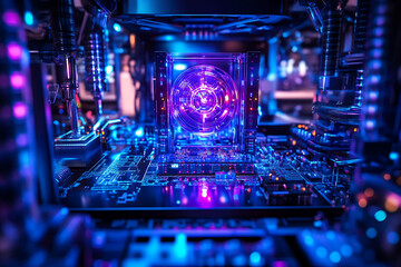 A glowing futuristic quantum computer in a high-tech environment, surrounded by circuits and light effects, symbolizing deep tech innovation in computing.
