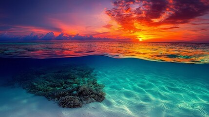 Fototapeta premium A beautiful sunset over the ocean with a coral reef in the foreground