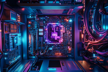 Obraz premium A glowing futuristic quantum computer in a high-tech environment, surrounded by circuits and light effects, symbolizing deep tech innovation in computing. 