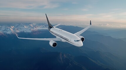 Obraz premium Flying over majestic mountains under a clear blue sky with a white and black airplane in the foreground