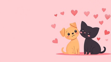 Cute cartoon dog and cat cuddling, surrounded by hearts on pink background.