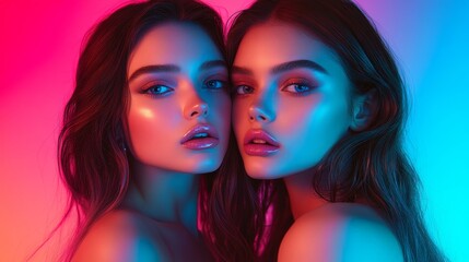 Dynamic Duo: Glamorous Twin Models in Vivid Colors under High-Definition Lighting