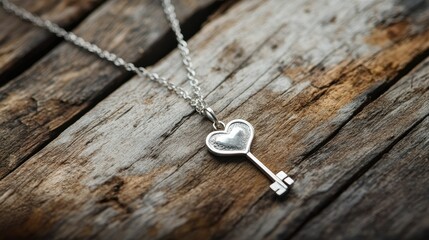 A delicate heart-shaped key pendant with a fine chain, placed on a rustic wooden surface, showcasing craftsmanship and romance in jewelry photography.