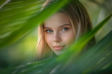Fototapeta premium Young caucasian female amidst lush greenery with serene expression