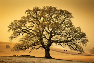 Fototapeta premium Perfectly symmetrical branches and leaves on the single big oak tree against a warm yellow background, nature photography, sunny day