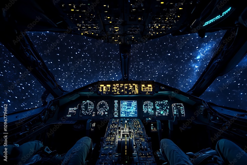 Poster a cockpit view of a spacecraft navigating through a starry universe.