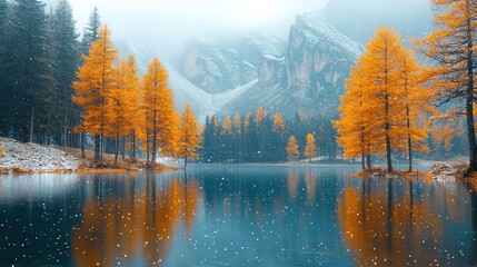 Naklejka premium Autumnal Serenity: Golden Larch Trees Reflecting in a Calm Lake During a Light Snowfall