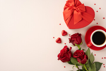 Romantic Valentine's day setup featuring red roses, heart-shaped gift box, and coffee cup on a...