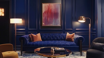 A cozy living space with navy blue walls and soft, warm lighting highlighting modern furniture and clean lines. Ideal for modern interior design projects.
