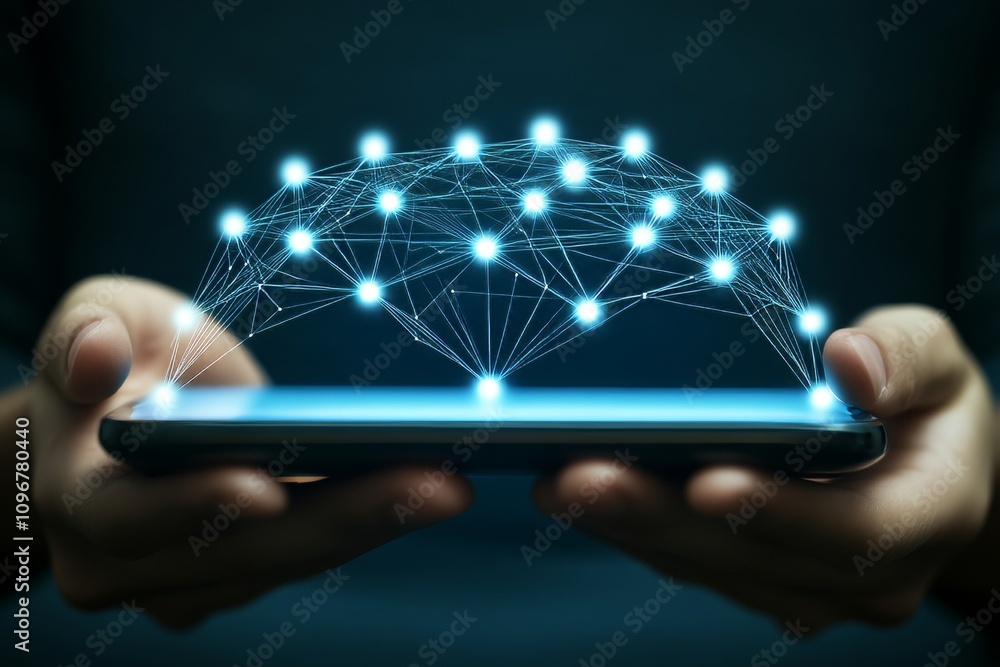 Poster digital network connection concept with smartphone and glowing nodes