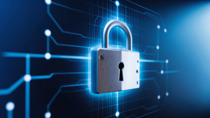 A futuristic cybersecurity concept with a digital lock symbol at the center, representing the protection of personal data.