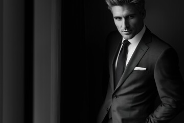 Fototapeta premium A man in a suit and tie stands in front of a window. The image has a mood of sophistication and elegance