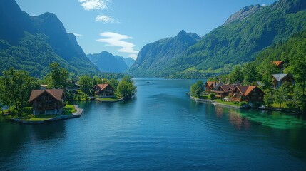 Fototapeta premium Mountain lake with cottages surrounded by lush greenery at midday in a serene landscape