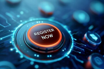 Register submission conceptual. A futuristic button displays "REGISTER NOW," set against a digital interface with glowing elements, symbolizing online registration or subscription.