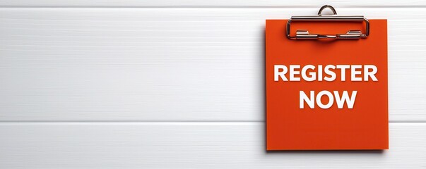Naklejka premium Register submission conceptual. A vibrant orange clipboard displays 